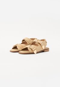 Sandi din suede bej cu accente aurii, având două curele ajustabile cu cataramă și un design cu vârful deschis; talpă plată din lemn.