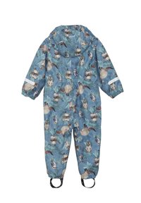 Blå vattentät overall med ett naturtryck som föreställer utter och fåglar. Inkluderar huva, elastiska manschetter och svarta stövlar för säker passform.