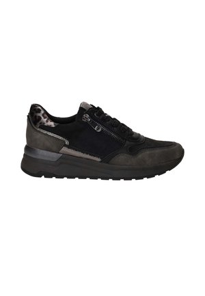 Schwarze und graue Sneakers aus einer Mischung aus Wildleder und glattem Leder. Mit einem seitlichen Reißverschluss und einem Leopardenprint-Akzent an der Ferse. Dicke Gummisohle.