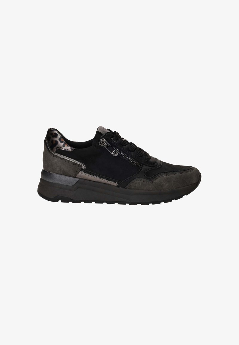 Black and gray sneakers with a mix of suede and smooth leather. Features a side zip and leopard print accent on the heel. Thick rubber sole.