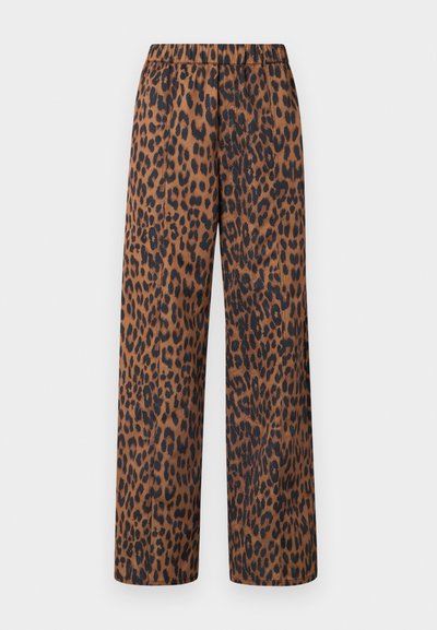 Leopardimustriga laiad püksid pruuni tooni, elastse vöökoha ja pehme kangaga. Muster sisaldab tumedaid laike heledal taustal.