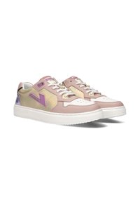 Sneakers with pink leather and iridescent accents, featuring white soles, lace closure, and purple branding on the sides. Textured finish.