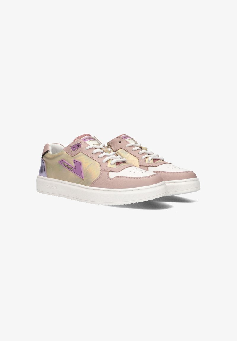 Sneakers with pink leather and iridescent accents, featuring white soles, lace closure, and purple branding on the sides. Textured finish.