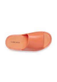 Oranje instap sandaal met een brede band, gestructureerd bovenmateriaal en een gladde binnenzool. Merknnaam "Lascana" binnenin gedrukt.