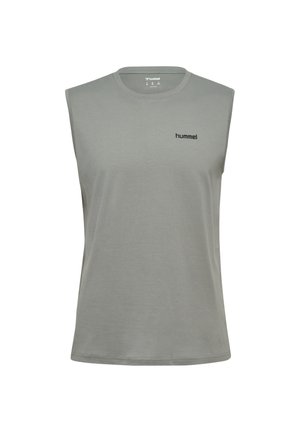 Graues ärmelloses Sportshirt mit rundem Ausschnitt und kleinem "hummel" Logo auf der linken Brust, dargestellt auf weißem Hintergrund.