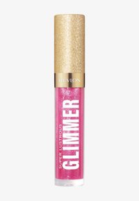 Revlon Super Lustrous Glimmer lipgloss i en klar tube med et gyldent glimmerlåg, der har en livlig pink farve og glitrende partikler.