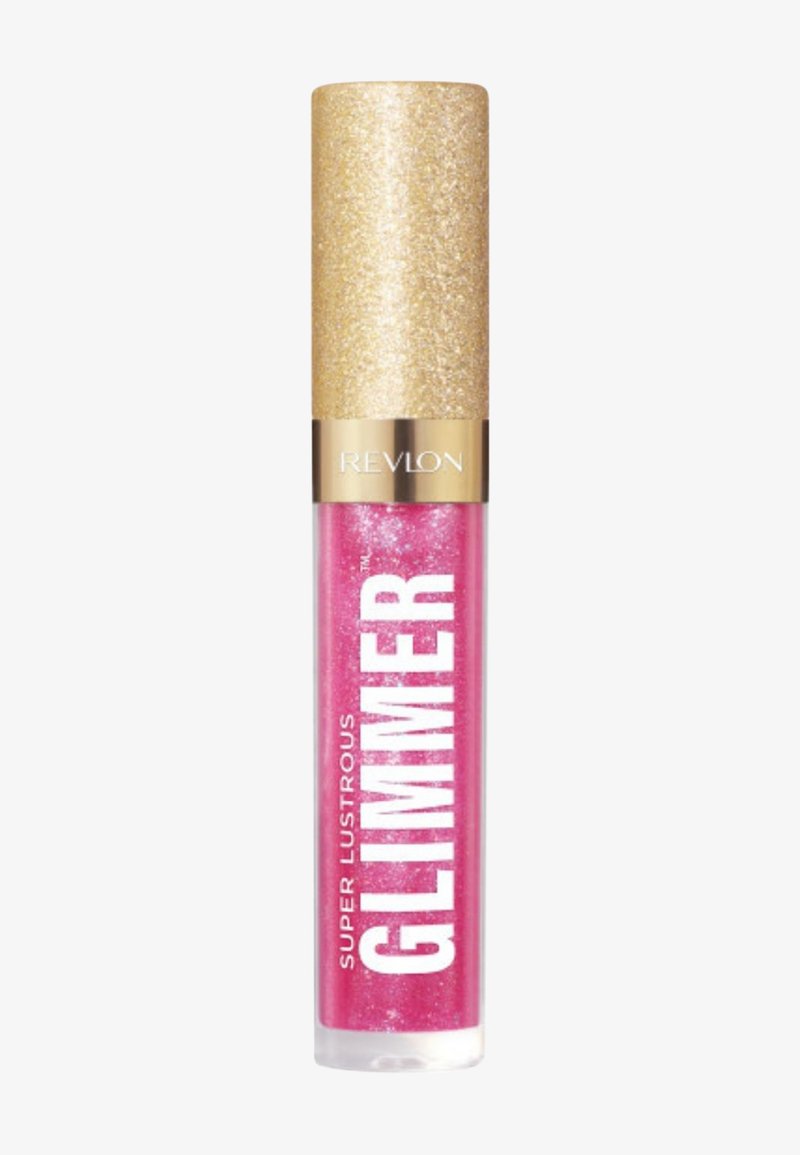 Gloss à lèvres Glimmer Super Lustrous de Revlon dans un tube transparent avec un capuchon doré scintillant, présentant une couleur rose vif et des particules scintillantes.