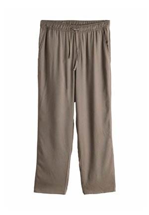 Luźne spodnie w kolorze taupe z elastycznym pasem, sznurkiem i bocznymi kieszeniami, pokazane na płasko na białym tle.