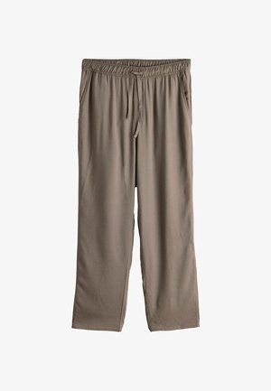 Locker sitzende, taupefarbene Hose mit elastischem Bund, Kordelzug und seitlichen Taschen, flach auf weißem Hintergrund präsentiert.