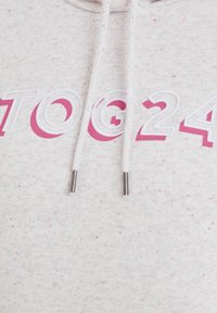 Heathered light gray hoodie with pink speckles. Features "TOG24" in bold pink and white lettering. Drawstrings have silver metal tips.