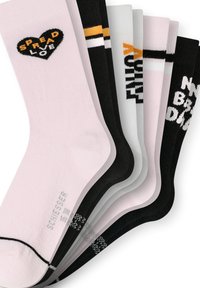 Set of six cotton socks in pink, black, and white. Text patterns include "SPREAD LOVE," "A CUTE," and "NOT BAD." Various stripe designs featured.