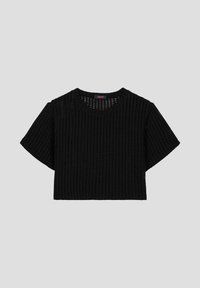Zwarte gebreide top met korte mouwen en een losse pasvorm, voorzien van een ronde hals en een open geweven textuur. Merlabel zichtbaar aan de binnenkant.