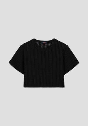 Zwarte gebreide top met korte mouwen en een losse pasvorm, voorzien van een ronde hals en een open geweven textuur. Merlabel zichtbaar aan de binnenkant.