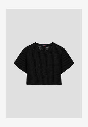 Zwarte gebreide top met korte mouwen en een losse pasvorm, voorzien van een ronde hals en een open geweven textuur. Merlabel zichtbaar aan de binnenkant.