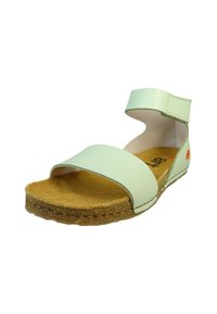 Sandalias de color verde claro con dos correas anchas, plantilla de corcho y suela texturizada. Cierre con correa de velcro para un ajuste ajustable.
