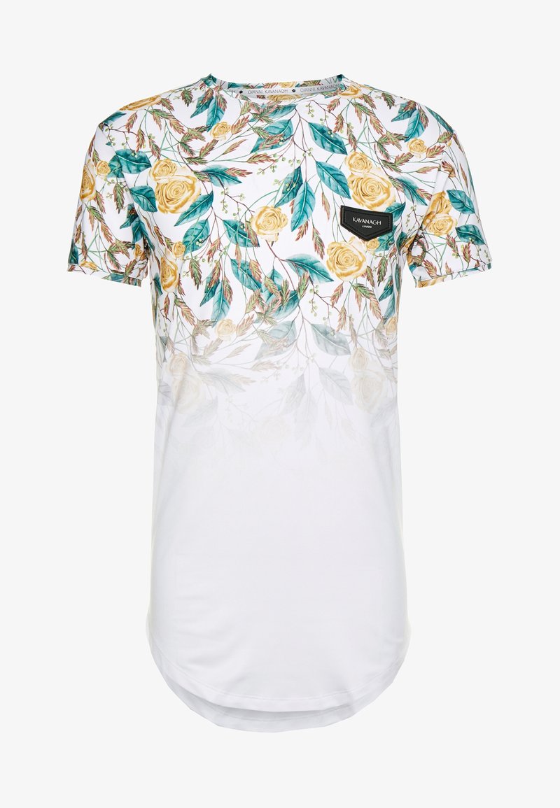 Chemise blanche à manches courtes avec motif floral de rose jaune et feuille verte sur la moitié supérieure et un petit écusson noir du logo Kavanagh sur la poitrine.