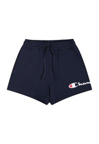 Granatowe spodenki sportowe wykonane z mieszanki bawełny, z elastycznym paskiem w talii, sznurkiem i bocznymi kieszeniami. Z przodu znajduje się białe logo.