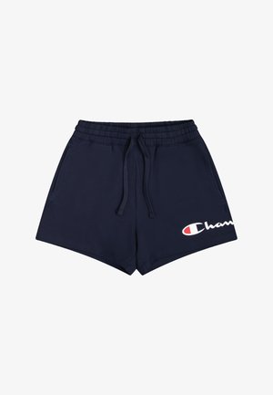 Pantalones cortos deportivos azul marino hechos de una mezcla de algodón con cintura elástica, cordón de ajuste y bolsillos laterales. Presenta un logo blanco en la parte delantera.