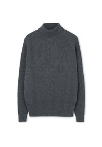 Maglione dolcevita grigio scuro con un motivo a maglia testurizzato, maniche raglan e una vestibilità morbida. Tessuto morbido e collo a costine per un maggiore calore.