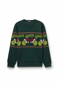Sweat-shirt vert à col rond et manches longues, avec un motif tricoté du Grinch et des bonnets rouges de Père Noël sur la poitrine.