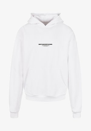 Sudadera blanca de tela suave con un bolsillo canguro en el frente, puños acanalados y un logo impreso en negro que dice "METAMORPHOSIS" en el pecho.