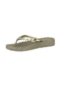 Flat flip-flop sandal with a braided natural fiber sole in beige and a metallic, gold-tone strap with a minimalist design.