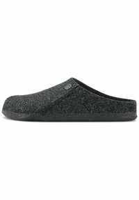 Dark gray felt slipper with a smooth, black rubber sole. Features a rounded toe and a simple design, with a subtle brand logo on the upper.