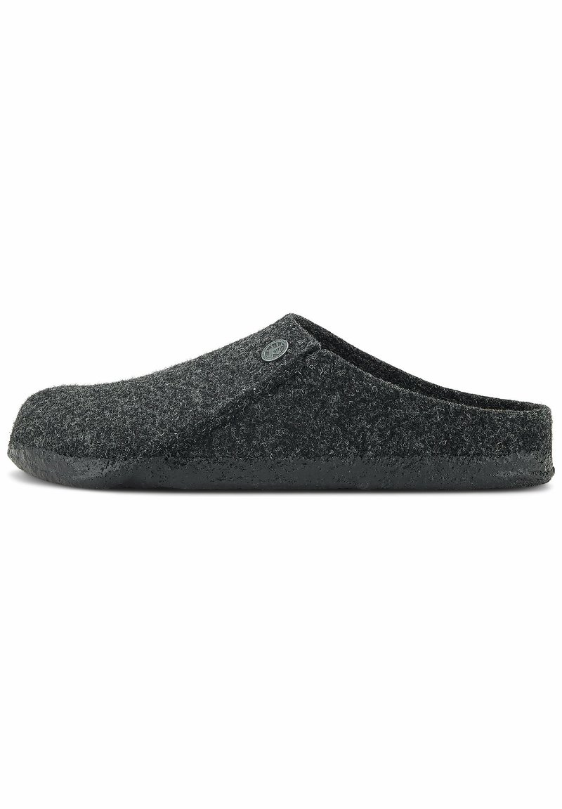 Dark gray felt slipper with a smooth, black rubber sole. Features a rounded toe and a simple design, with a subtle brand logo on the upper.