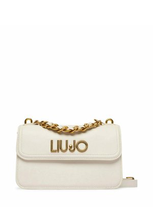 Borsa rettangolare bianca con manico a catena dorata e logo dorato "LIU JO" sulla patta frontale, design minimalista su sfondo bianco.