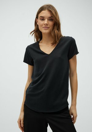 Black V-neck t-shirt with short sleeves, smooth texture, and a relaxed fit. The hem is slightly rounded, paired with black pants.