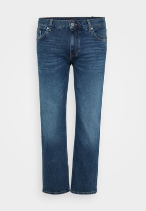 Jeans in denim blu scuro con gamba dritta, cinque tasche e una leggera sbiaditura sulla parte frontale. Presentano una chiusura con bottone e zip.