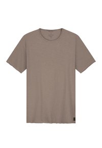 Bruine T-shirt met korte mouwen, ronde hals, gemaakt van zachte stof met een subtiele textuur. Bevat een klein logo label in de onderste linkerhoek.