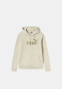 Felpa crema con tasca frontale, cappuccio con cordino e logo "PUMA" in glitter oro. Tessuto morbido con polsini e orlo a coste.