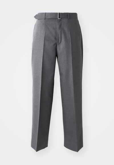 Gray tailored trousers with a straight-leg design, featuring a classic waistband and belt loops. Made of smooth, lightweight fabric.
