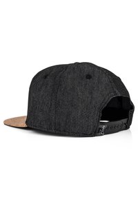 Black denim snapback cap with a cork brim; features stitching details and a black adjustable strap on the back.
