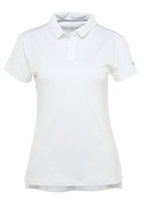 Vit polotröja i mjukt tyg, med klassisk krage, knäppning med tre knappar, korta ärmar och diskret logotypdetalj på ärmen.