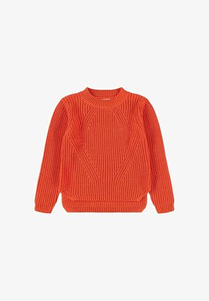 Pull en tricot orange avec un col rond, texture côtelée et détails de panneaux diagonaux sur le devant. Manches longues et couleur unie sur l'ensemble.