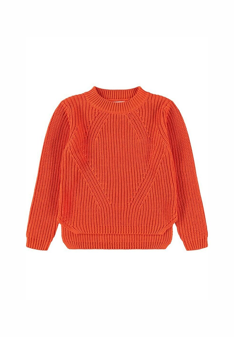 Oranssi neulepaita, jossa on pyöreä pääntie, ribatut tekstuurit ja diagonaaliset paneelit edessä. Pitkät hihat ja tasainen väri koko paidassa.