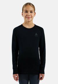 Black long-sleeve synthetic shirt with a round neckline, raglan sleeves, and subtle logo detail on the chest. Smooth texture and fitted design.