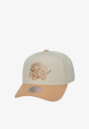 Beige und braune Baseballkappe mit besticktem Dinosaurier-Logo und „Raptors“-Schriftzug auf der Vorderseite, mit gebogenem braunem Schirm und Aufkleber oben.