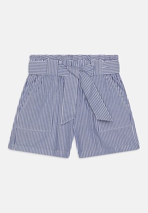 Shorts rayés bleu et blanc avec une large ceinture, un détail de ceinture à l'avant et deux grandes poches de chaque côté. Fabriqués en tissu léger.