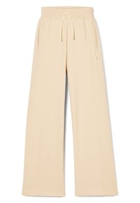 Beige wijde sweatpants met een elastische tailleband, trekkoordsluiting en zijzakken. Glad materiaal met logo-opdruk op het linkerbeen.