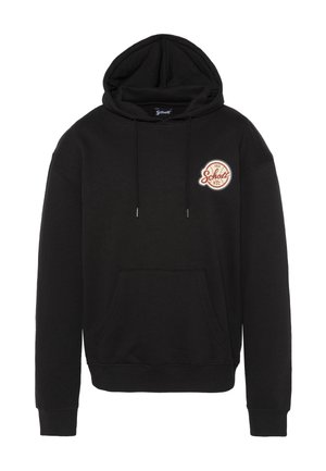 Le sweat à capuche noir présente une poche avant, une capuche avec cordon de serrage réglable et un logo circulaire brodé sur le côté gauche de la poitrine. Confectionné en tissu doux et résistant.