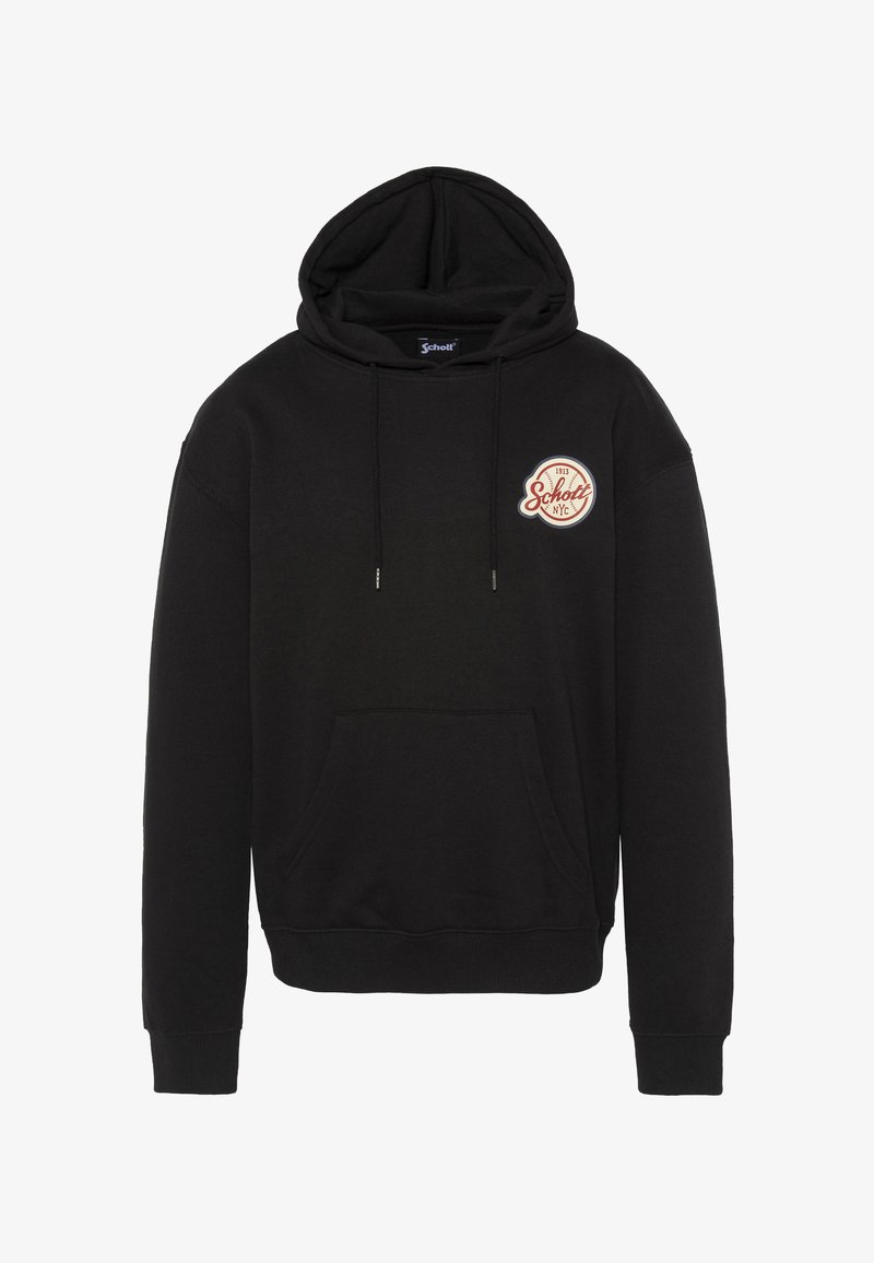 Czarna bluza z kapturem posiada przednią kieszeń, regulowany kaptur ze ściągaczem oraz okrągłe, wyszywane logo na lewej piersi. Wykonana z miękkiej, trwałej tkaniny.