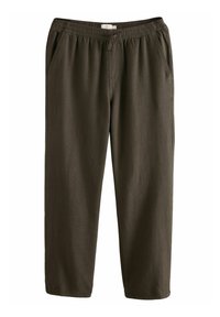Pantalones oscuros de color verde oliva para hombre con una cinturilla elástica, bolsillos laterales y una tela texturizada. Corte holgado, piernas ajustadas con un corte recto.