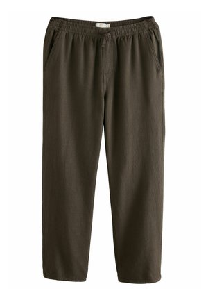 Pantalon vert foncé à coupe ample avec une ceinture élastique, des poches latérales, un tissu texturé et une coupe droite.
