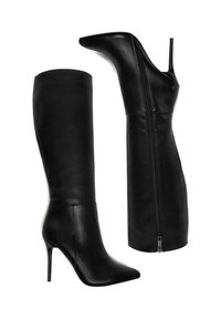 Knee-high black leather boots with a pointed toe and stiletto heel. Features a side zipper for easy wear and a smooth texture.