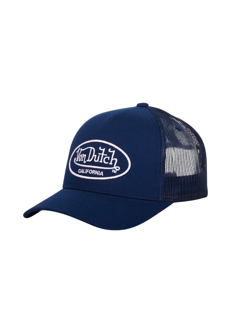 Casquette trucker bleu marine avec un devant uni et un dos en mesh, arborant un logo brodé blanc "Von Dutch California". Design de visière courbée.