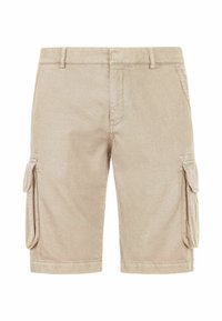 Beige Cargo-Shorts aus gewebtem Stoff, mit zwei seitlichen Cargotaschen, Gürtelschlaufen und einem geraden Schnitt, der knapp über dem Knie endet.