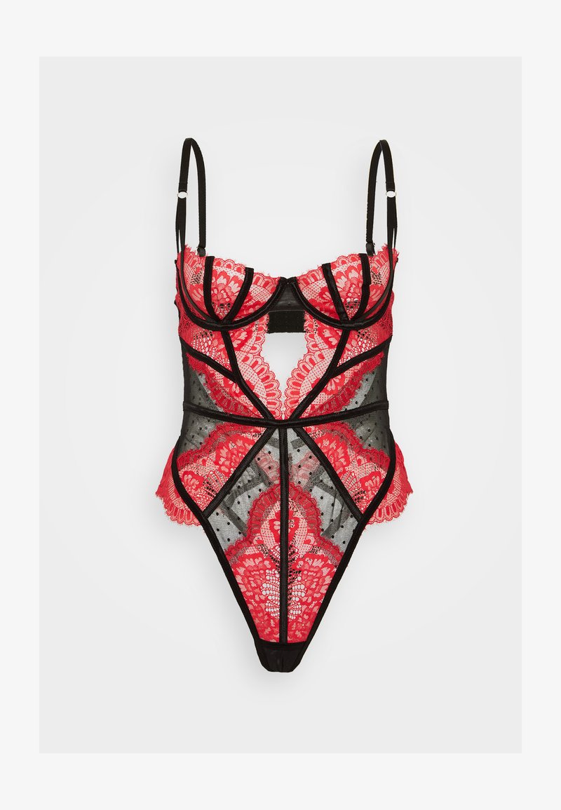 Lace bodysuit with red and black color scheme, featuring intricate floral patterns, adjustable straps, and cut-out detail at the front.